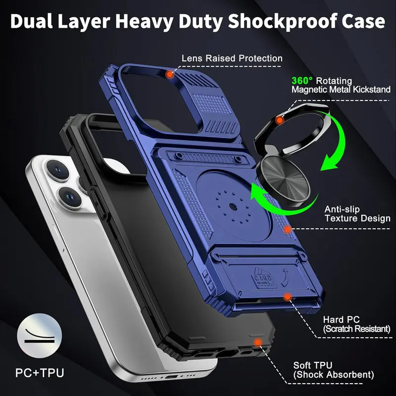 📱Compatible with iPhone & Samsung | Wallet Phone Case Card Holder Magnetic Ring Stand Heavy Duty Cover