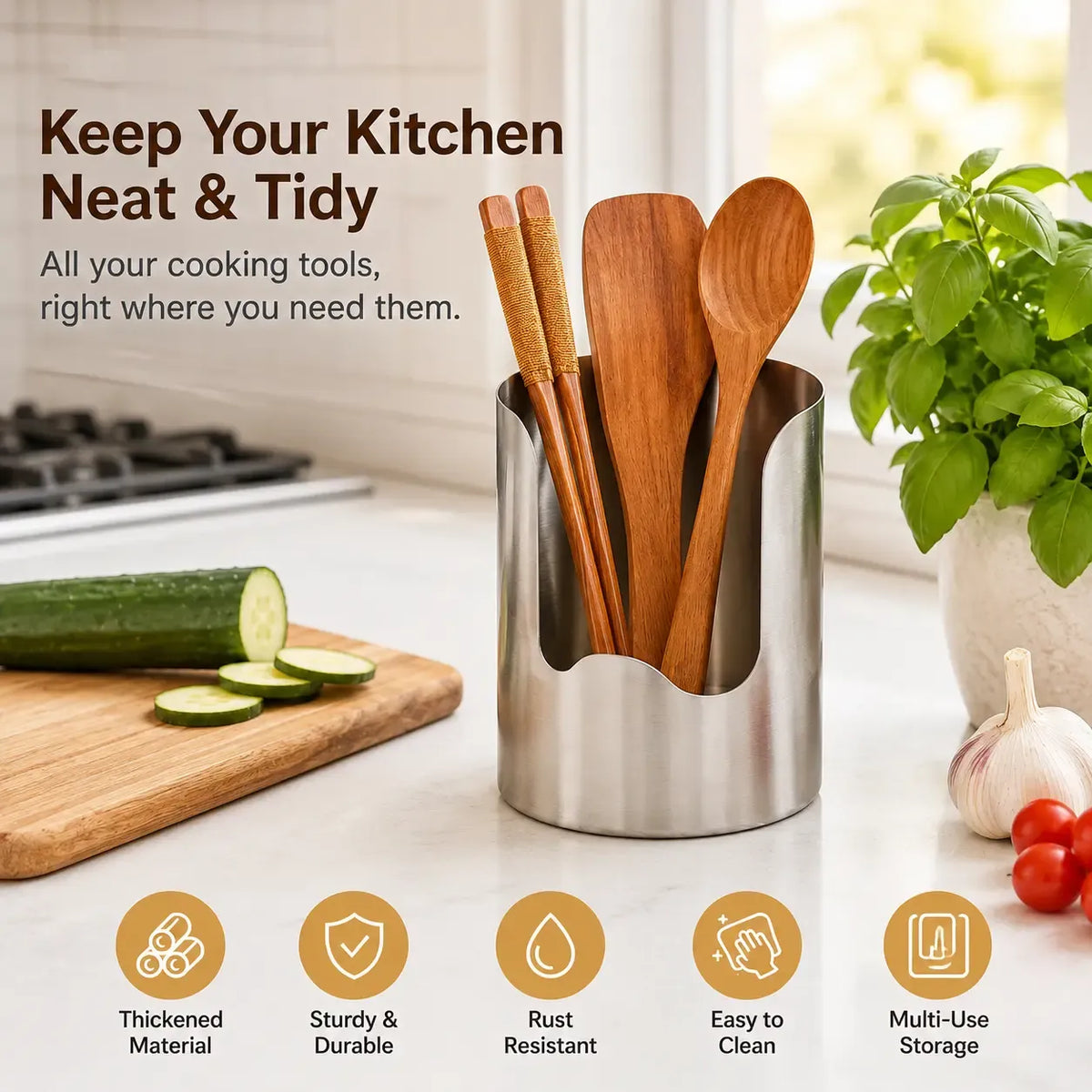 Stainless Steel Utensil Holder | Countertop Kitchen Organizer