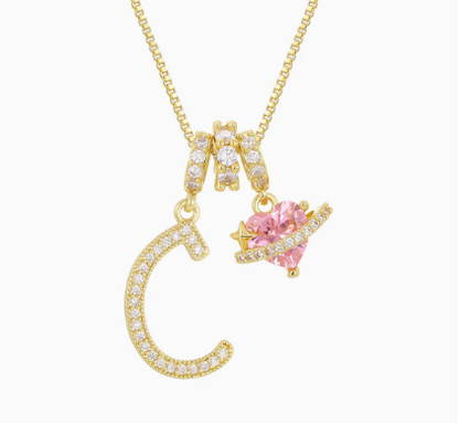 3-in-1 Custom Alphabet & Pink Zircon Pendant Necklace💫