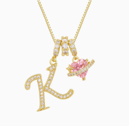 3-in-1 Custom Alphabet & Pink Zircon Pendant Necklace💫