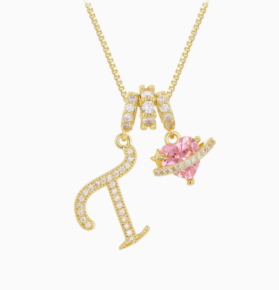 3-in-1 Custom Alphabet & Pink Zircon Pendant Necklace💫