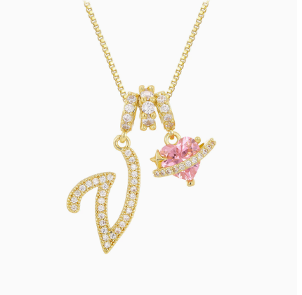 3-in-1 Custom Alphabet & Pink Zircon Pendant Necklace💫