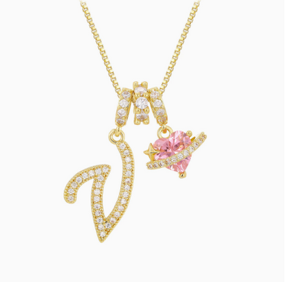 3-in-1 Custom Alphabet & Pink Zircon Pendant Necklace💫