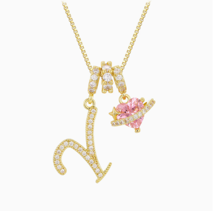 3-in-1 Custom Alphabet & Pink Zircon Pendant Necklace💫