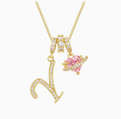 3-in-1 Custom Alphabet & Pink Zircon Pendant Necklace💫