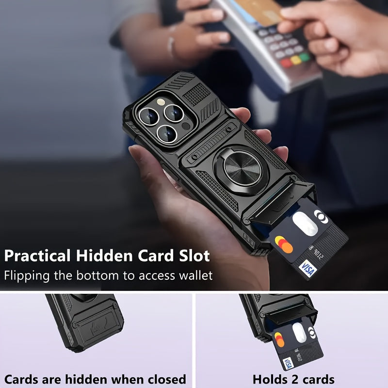 📱Compatible with iPhone & Samsung | Wallet Phone Case Card Holder Magnetic Ring Stand Heavy Duty Cover