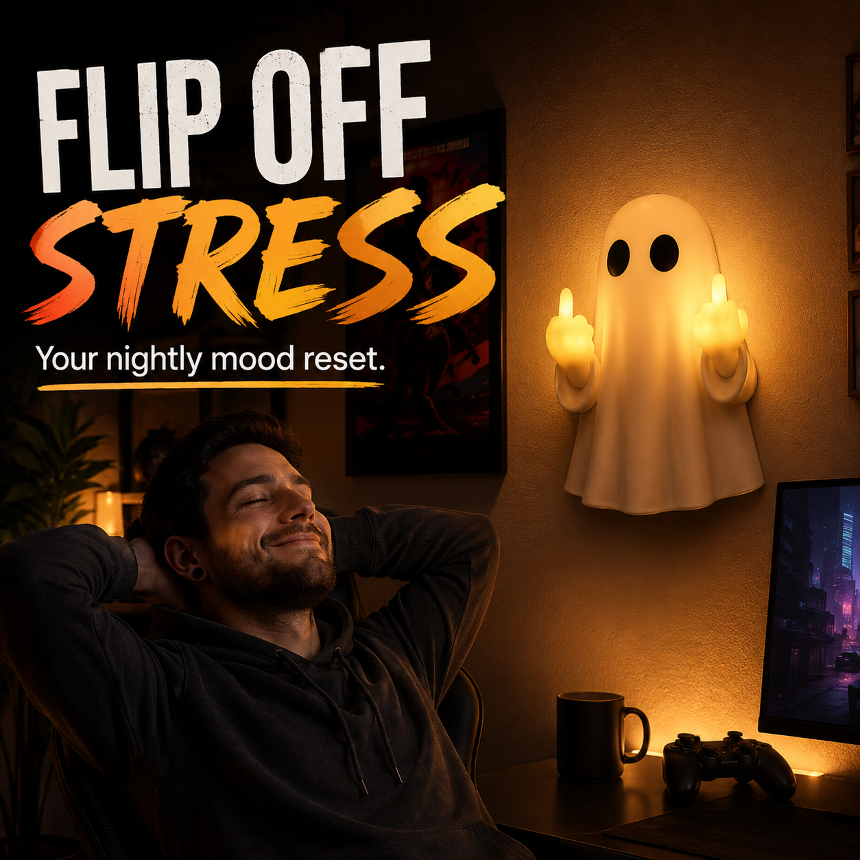 👻 Mood Off, Light On! Middle Finger Ghost Ambient Wall Light 💡