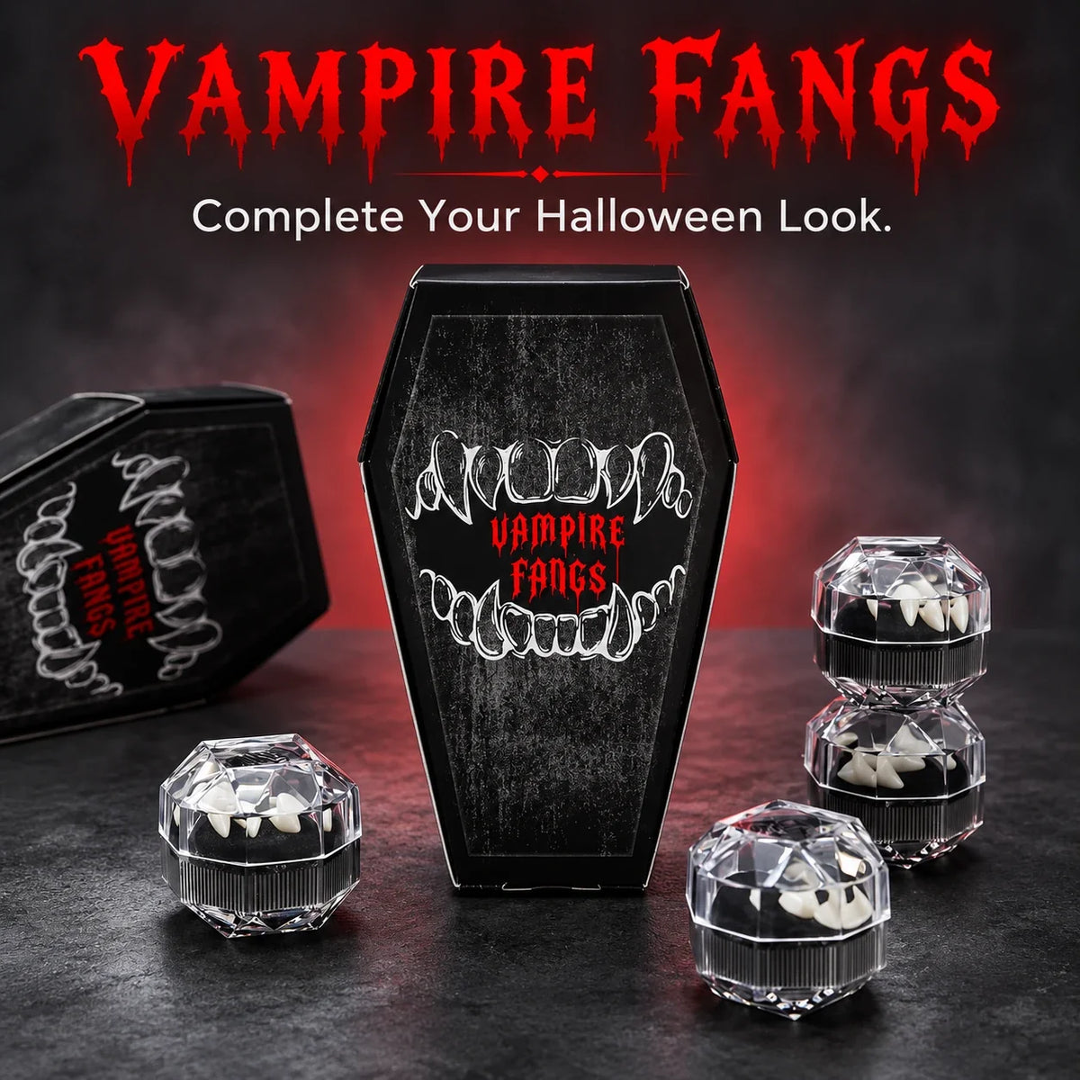 🦇 Your Vampire Look: 4-Size Ivory Fangs Kit & Coffin Box
