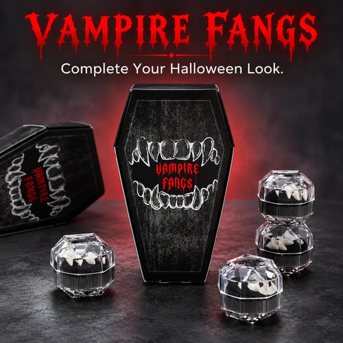 🦇 Your Vampire Look: 4-Size Ivory Fangs Kit & Coffin Box