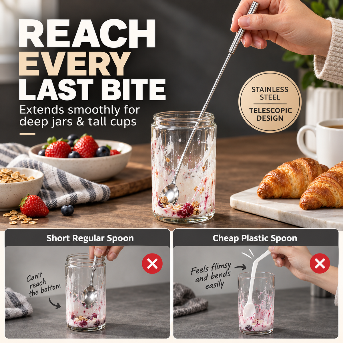 Stainless Steel Telescopic Extendable Long Handle Fork & Spoon 🥄