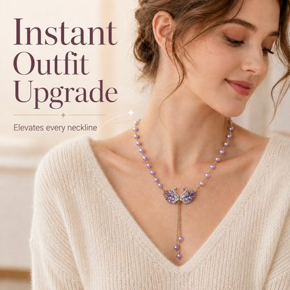 💜 Elegant Double Swan Crystal & Pearl Long Necklace 🦢