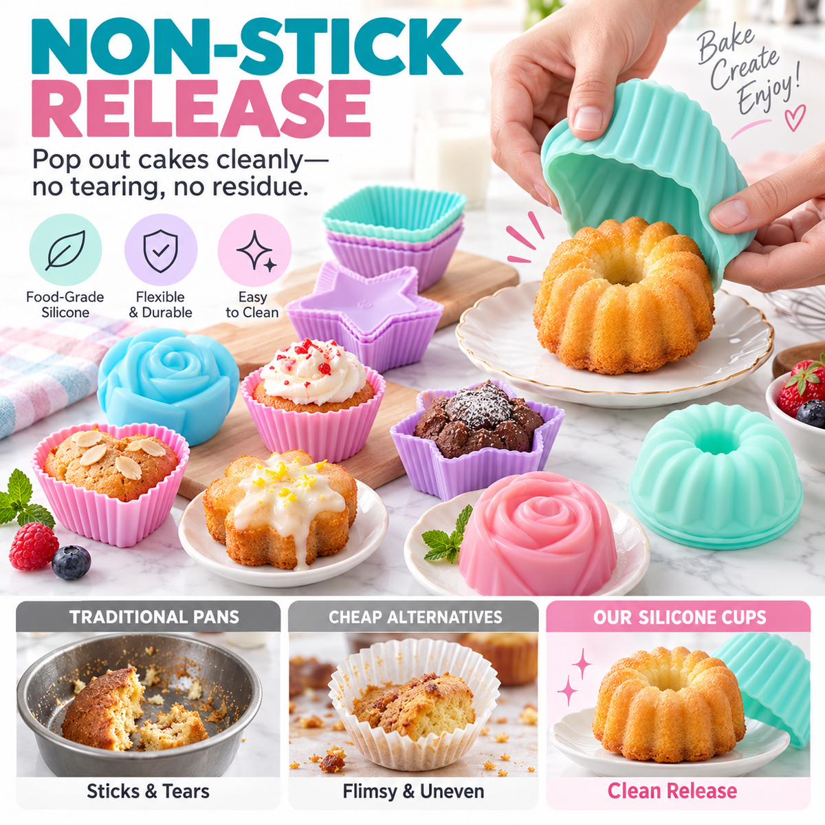 Multi-Shape Non-Stick Silicone Baking Cups & Muffin Molds Set (Reusables) 🧁