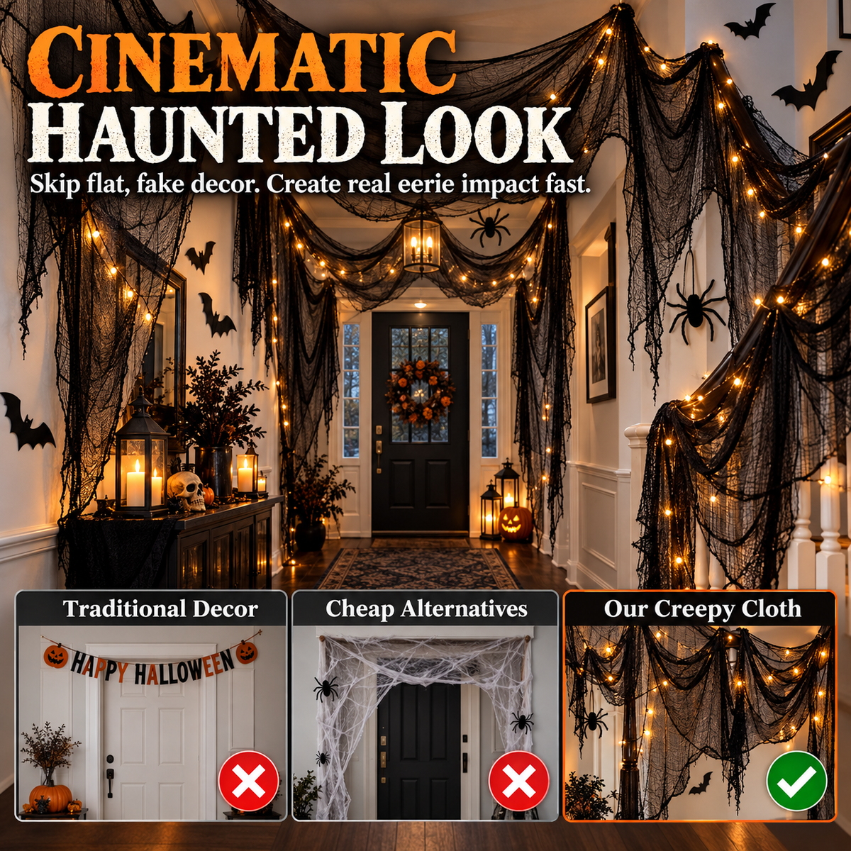 Halloween Spooky Creepy Cloth & Haunted House Spider Web Drape 🕷️👻