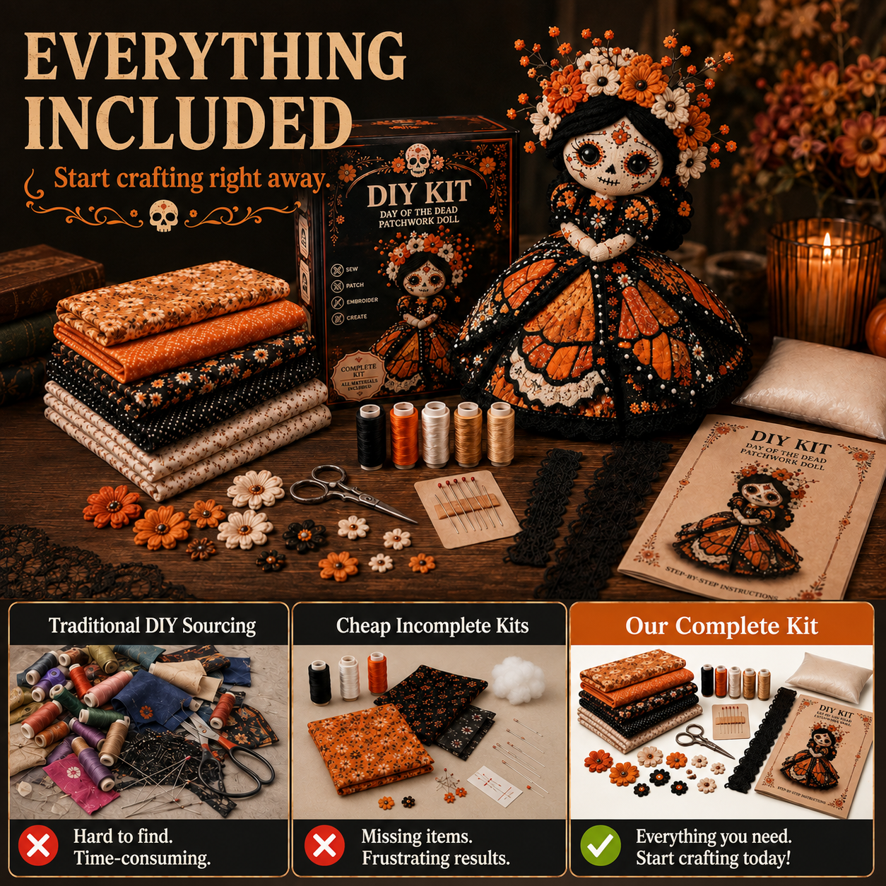 ✂️ DIY Marigold Spirit Patchwork Doll – Complete Crafting Kit for Halloween🎃