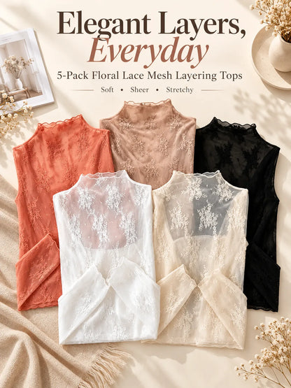 🌸 5-Pack Floral Lace Mesh Tops | Elegant Layering Set
