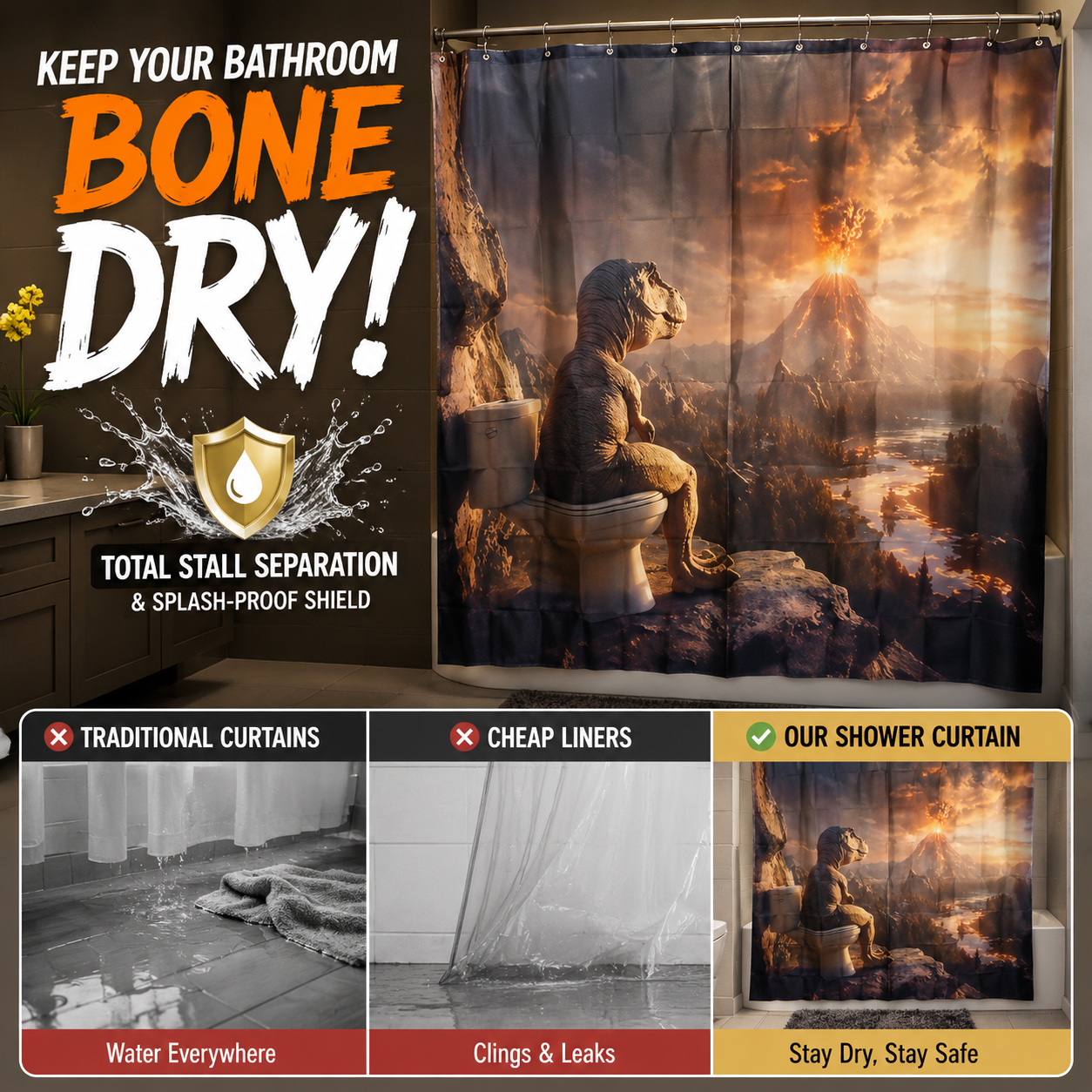 🌋 Epic Dinosaur Toilet & Volcano Eruption Funny Shower Curtain 🦖