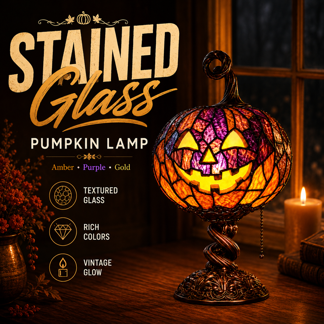🎃 Vintage Stained Glass Pumpkin Table Lamp – Warm Halloween Accent Light