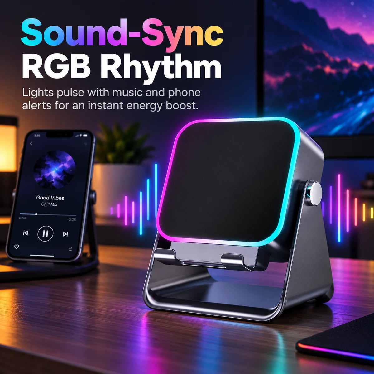 RGB Sound-Sync Ambient Light & Wireless Phone Stand 🎧✨