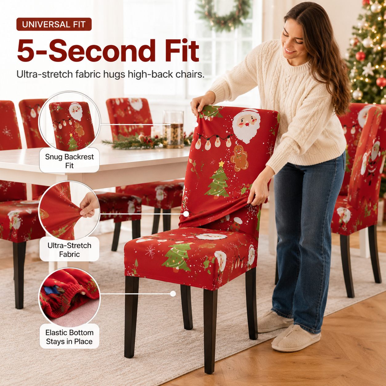 🎄 Elastic Christmas Dining Chair Cover – Soft, Washable & Festive Slipcover 🎅