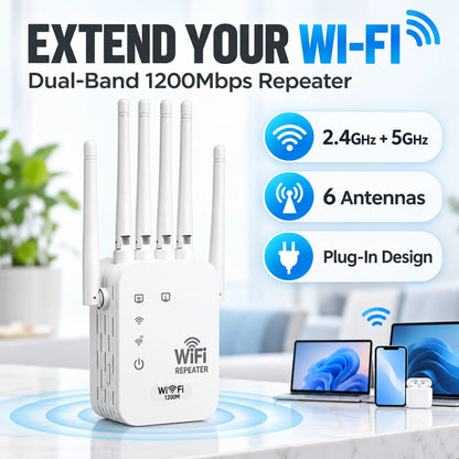 📶 1200Mbps WiFi Range Extender – 6-Antenna Signal Booster for Home 🏠