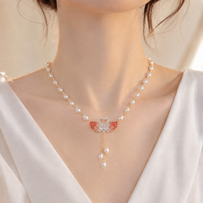 💜 Elegant Double Swan Crystal & Pearl Long Necklace 🦢