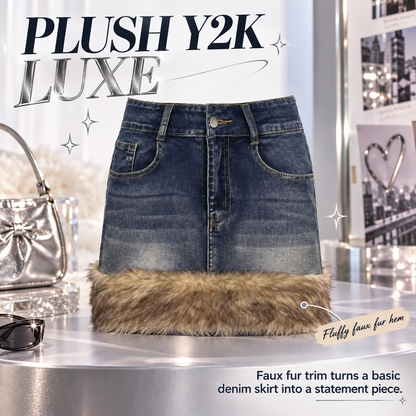 Y2K Vintage Faux Fur Trimmed Denim Mini Skirt