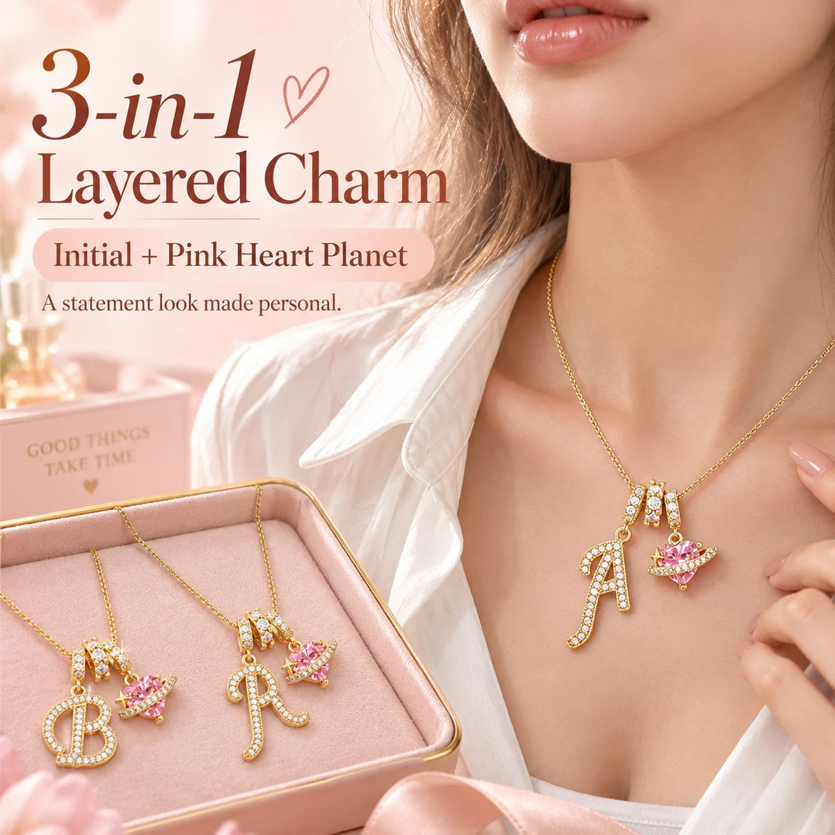 3-in-1 Custom Alphabet & Pink Zircon Pendant Necklace💫