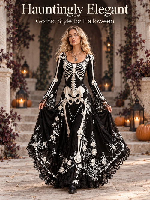 Gothic Skeleton Maxi Dress for Halloween | Bell Sleeve 🕸️