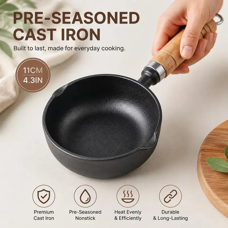 🍳 4.3' Pre-Seasoned Cast Iron Mini Sauce Pan with Wooden Handle & Dual Pour Spouts
