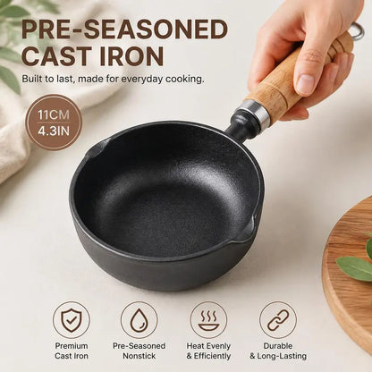 🍳 4.3' Pre-Seasoned Cast Iron Mini Sauce Pan with Wooden Handle & Dual Pour Spouts