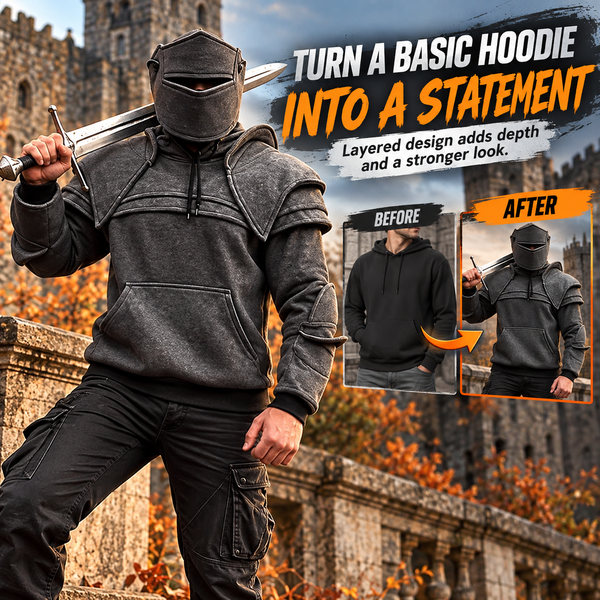 🖤 Rugged Layered Hooded Sweatshirt – Modern Streetwear Style