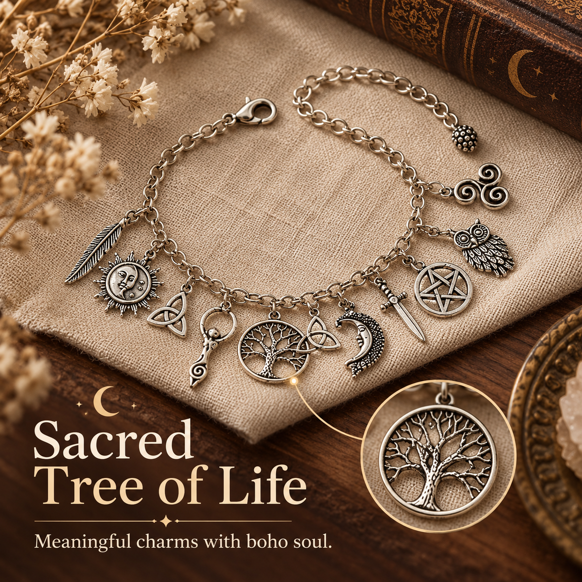 Sacred Tree of Life & Symbols Charm Bracelet 🌿