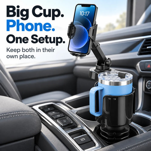 🚗 2-in-1 Car Cup Holder Expander with Adjustable Phone Mount – Handle-Friendly Tumbler Holder 📱🥤
