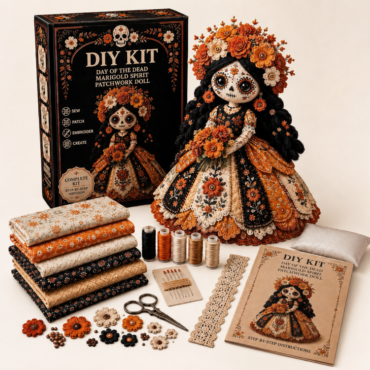 ✂️ DIY Marigold Spirit Patchwork Doll – Complete Crafting Kit for Halloween🎃