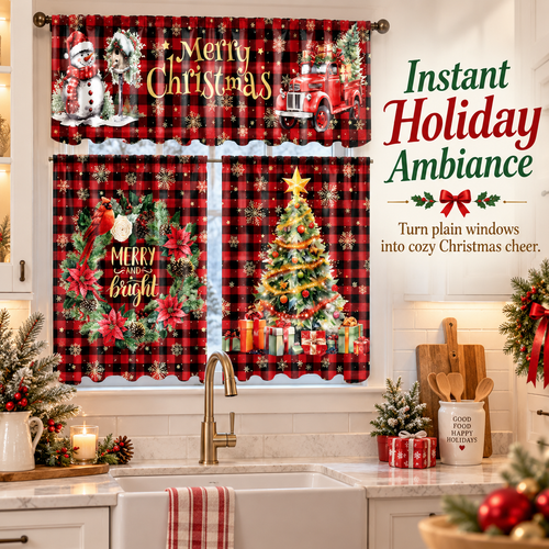 🎄 Christmas Buffalo Plaid Kitchen Curtain & Valance 3-Piece Set