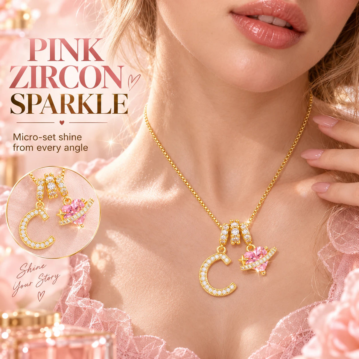 3-in-1 Custom Alphabet & Pink Zircon Pendant Necklace💫