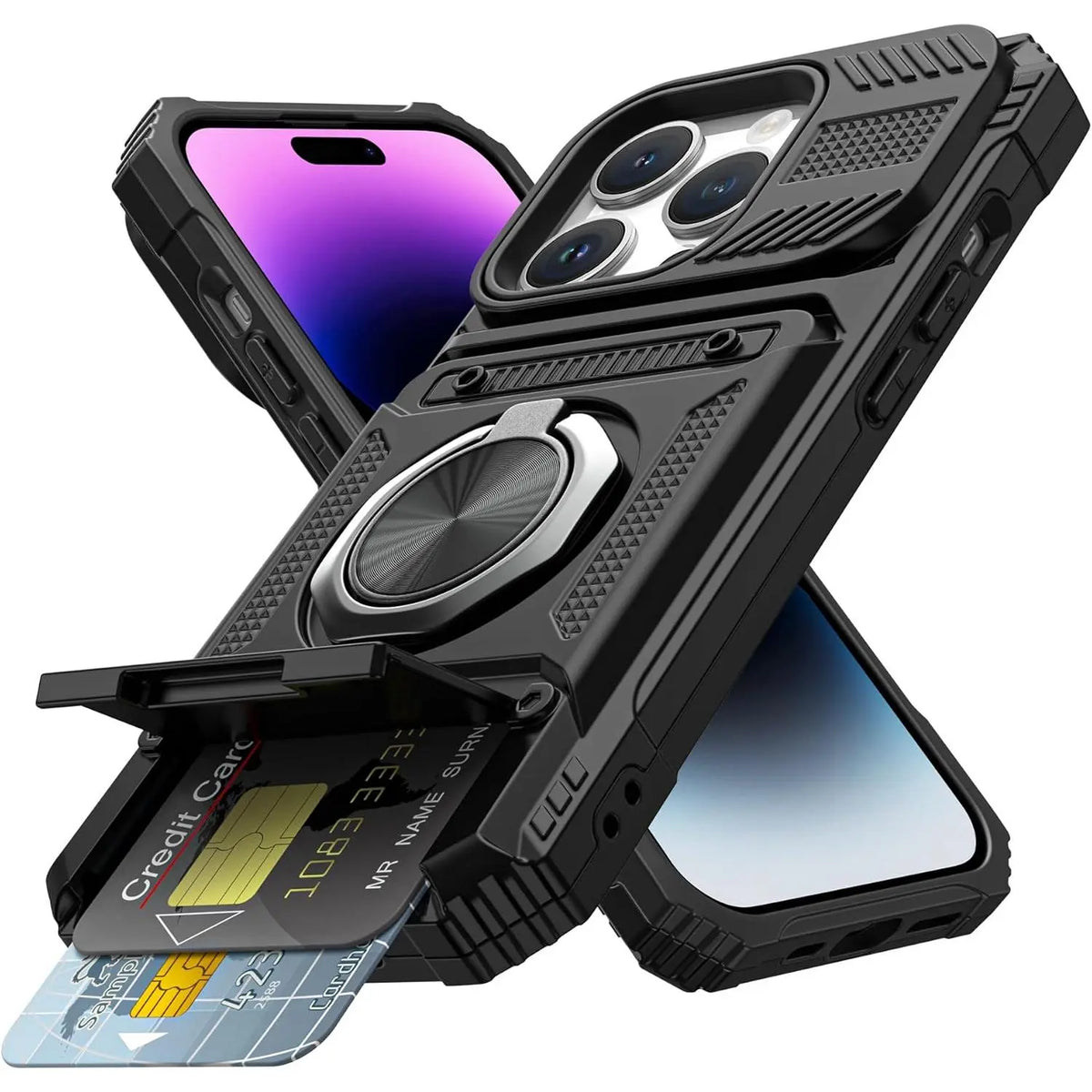 📱Compatible with iPhone & Samsung | Wallet Phone Case Card Holder Magnetic Ring Stand Heavy Duty Cover