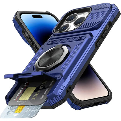 📱Compatible with iPhone & Samsung | Wallet Phone Case Card Holder Magnetic Ring Stand Heavy Duty Cover