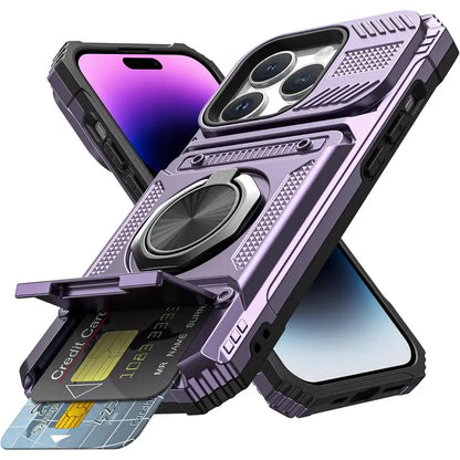 📱Compatible with iPhone & Samsung | Wallet Phone Case Card Holder Magnetic Ring Stand Heavy Duty Cover
