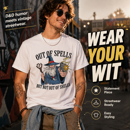 Out of Spells, But Not Out of Shells Graphic Tee 🧙‍♂️🔫