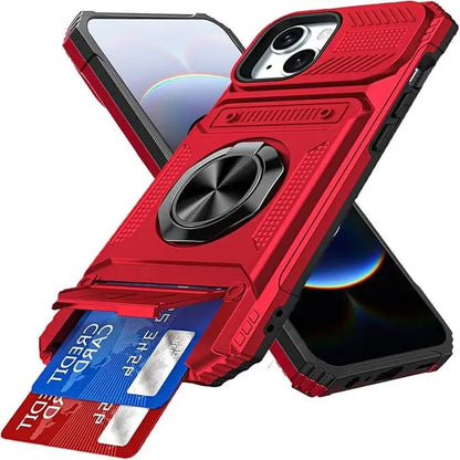 📱Compatible with iPhone & Samsung | Wallet Phone Case Card Holder Magnetic Ring Stand Heavy Duty Cover