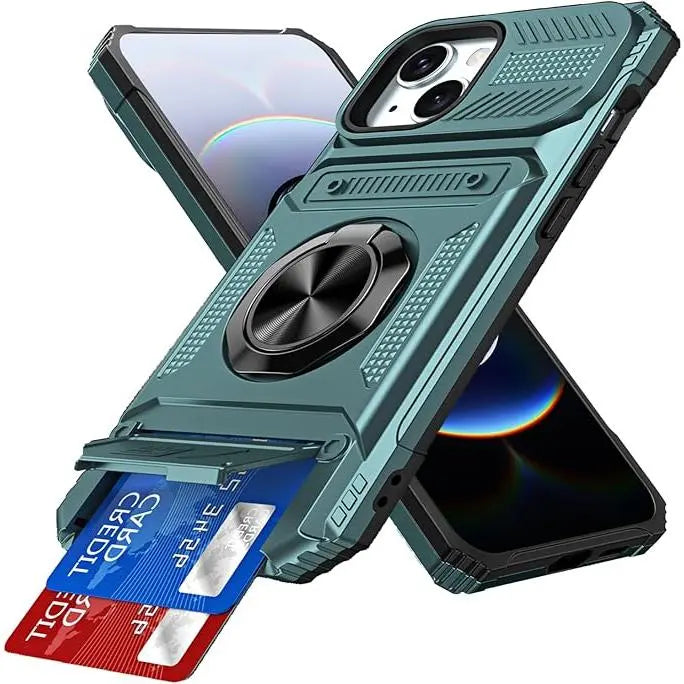📱Compatible with iPhone & Samsung | Wallet Phone Case Card Holder Magnetic Ring Stand Heavy Duty Cover