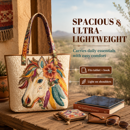 Vintage Boho Floral Horse Quilted Tote Bag👜