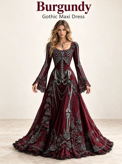 Gothic Skeleton Maxi Dress for Halloween | Bell Sleeve 🕸️