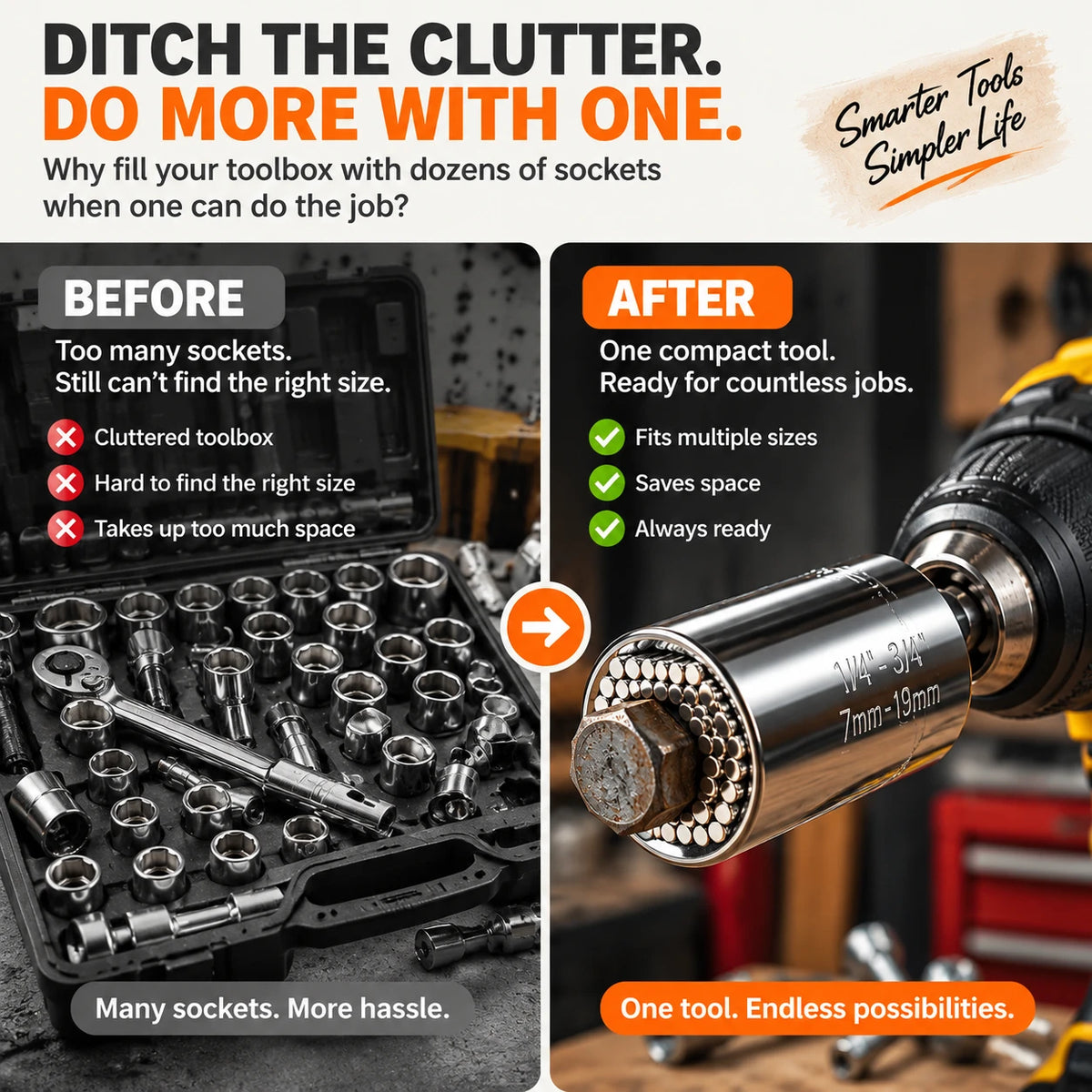 The Ultimate Universal Socket Tool – Instantly Grips Any Shape (7-19mm) with Power Drill Adapter