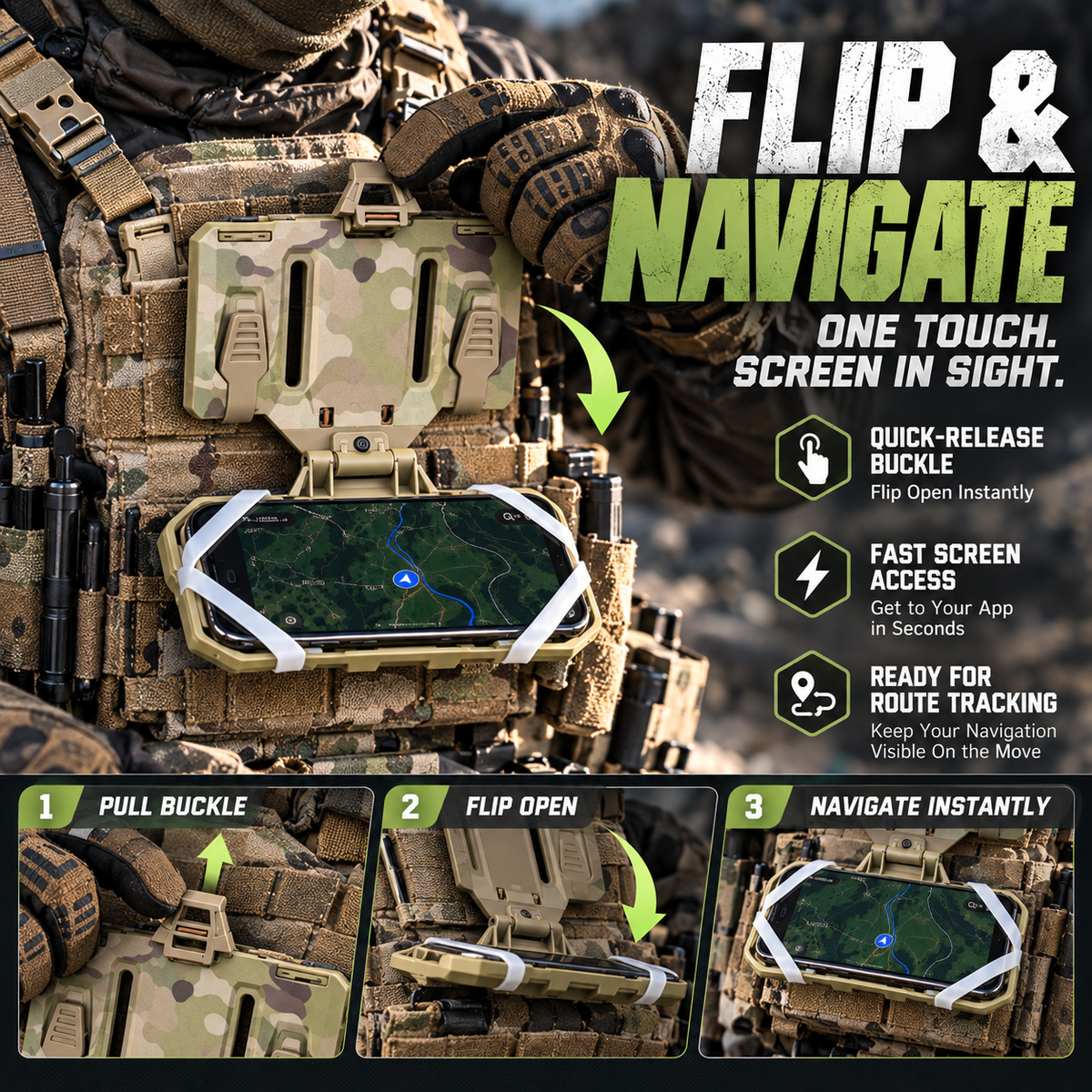 🛡️ Tactical MOLLE Foldable Navigation Board & Chest Phone Mount