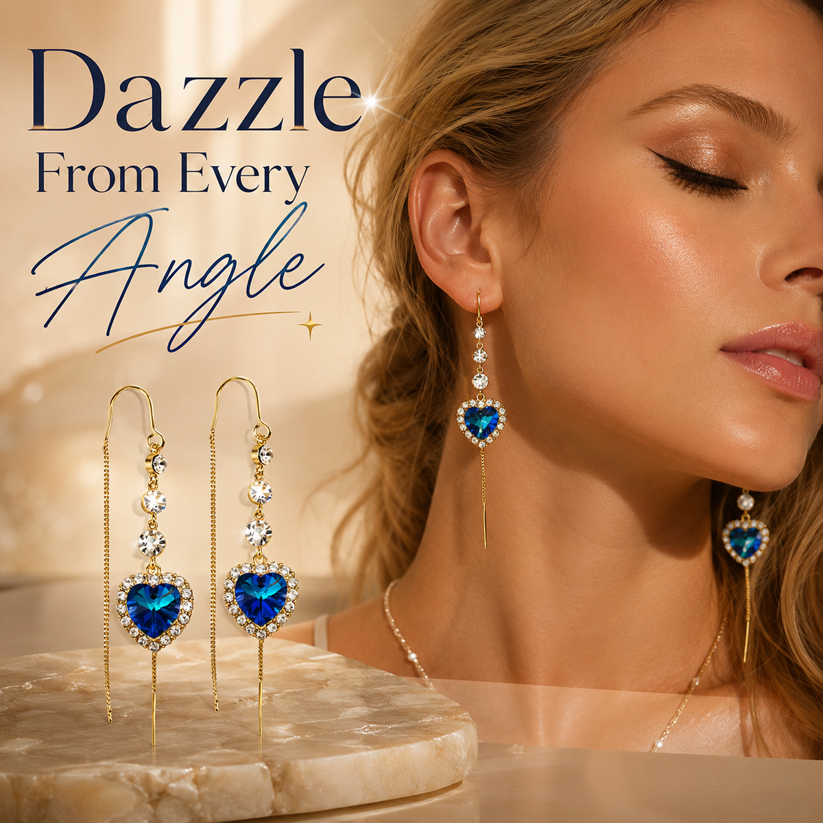 ✨ Shimmering Crystal Heart Threader Earrings