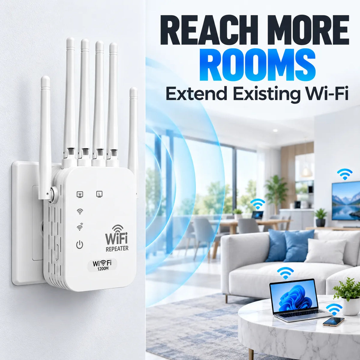 📶 1200Mbps WiFi Range Extender – 6-Antenna Signal Booster for Home 🏠