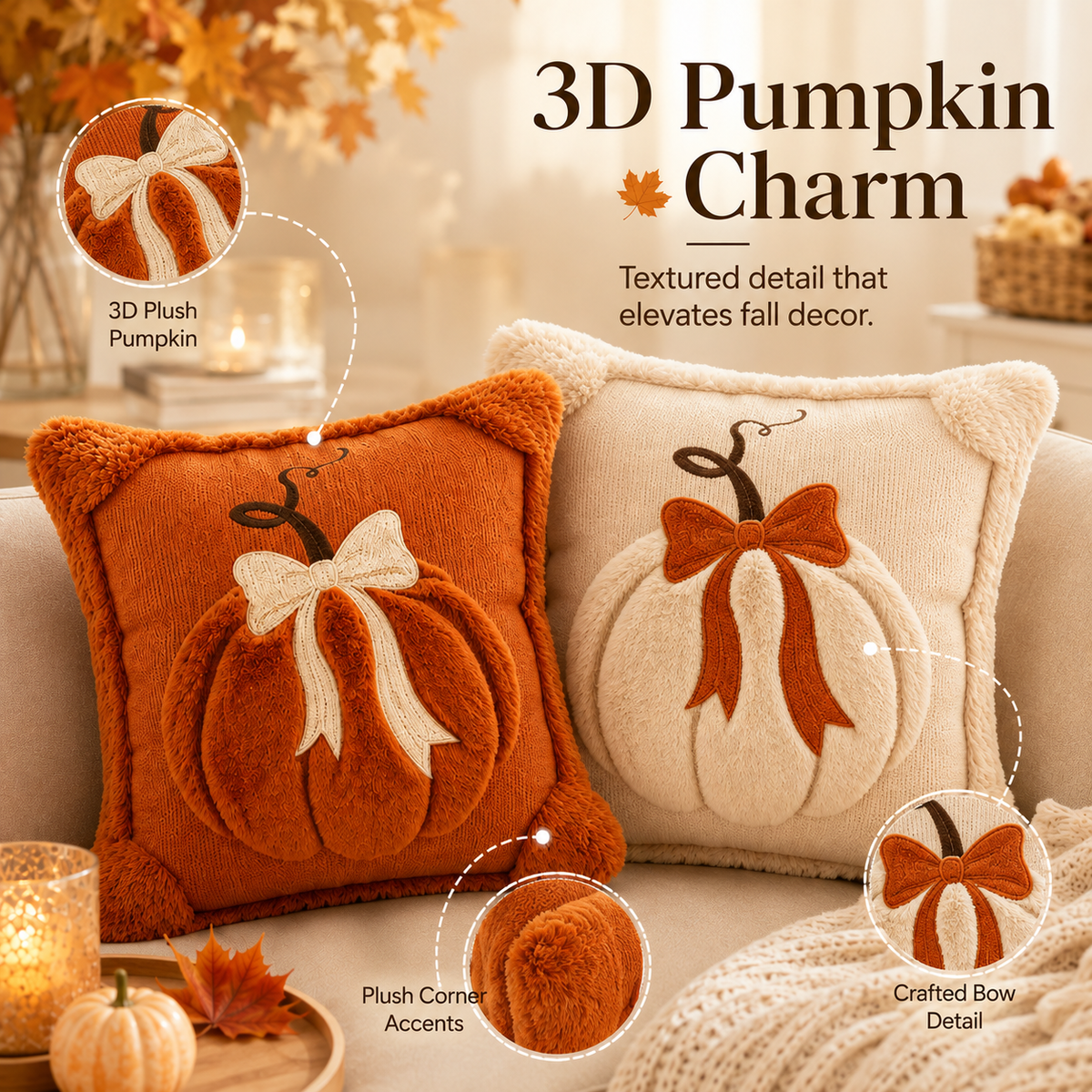 Cozy Pumpkin Bow Throw Pillow Cover 🎃 Perfect Autumn