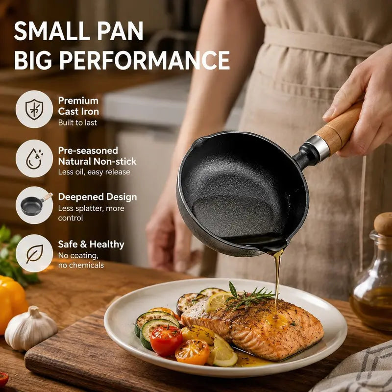 🍳 4.3' Pre-Seasoned Cast Iron Mini Sauce Pan with Wooden Handle & Dual Pour Spouts